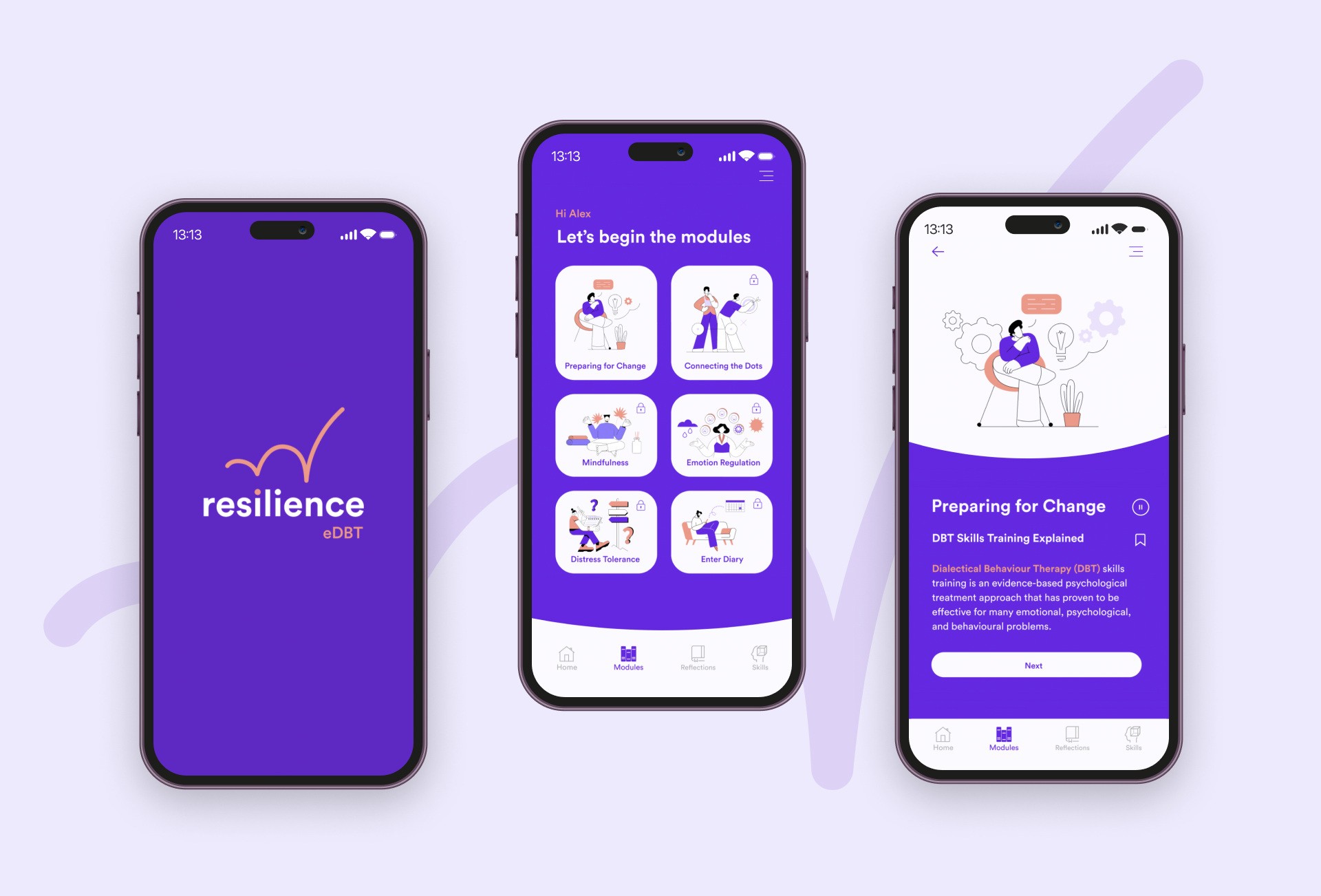 Screenshots of Resilience mobile app